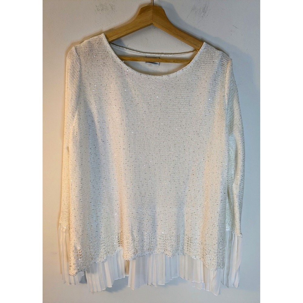 SIONI Sparkle White Chiffon Hem Sweater Size L